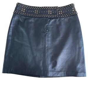 Womens Black Leather Studded Mini Skirt Rocker Punk Stud: Waist 31"/Hip 38"